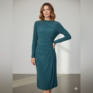 Betsy & Adam Emerald Green Draped Long Sleeve Gown | Size 4 | Made in USA